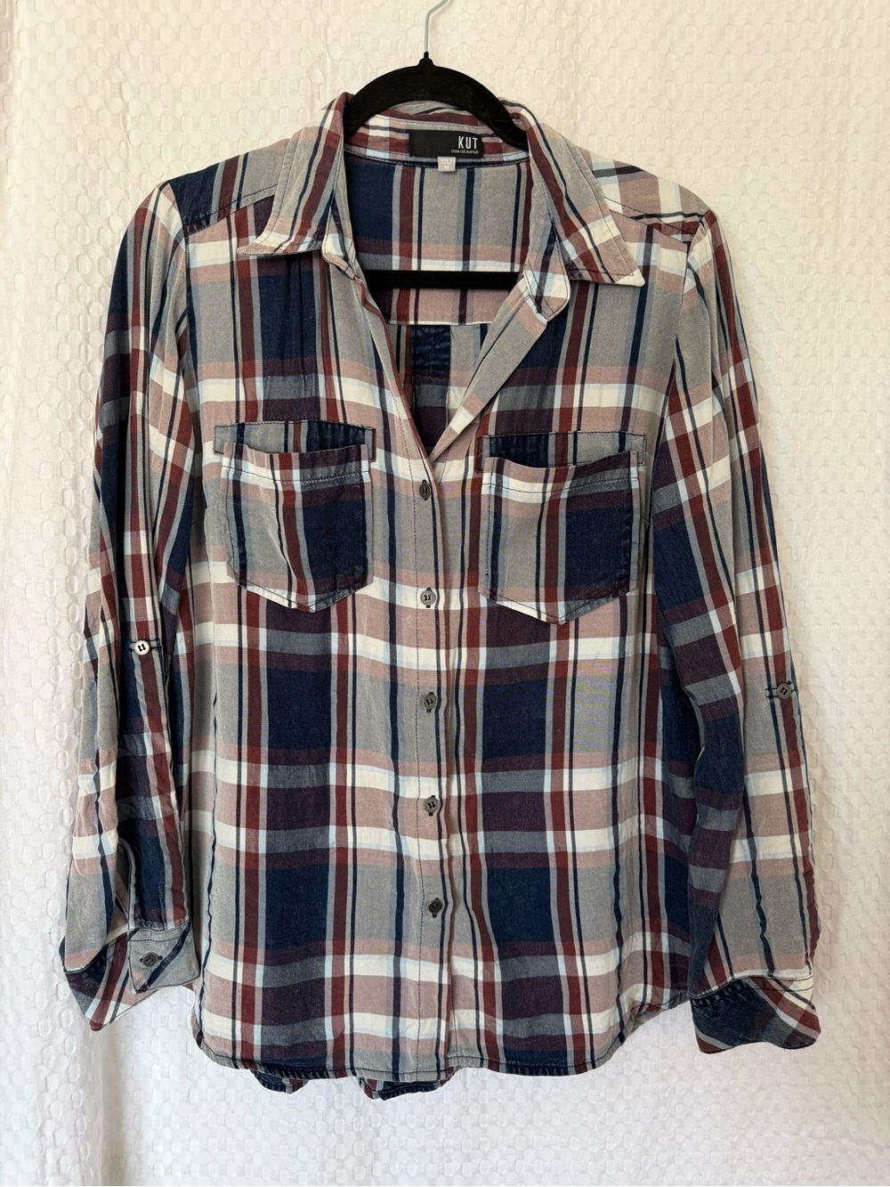 Kut From The Kloth Plaid Button Down Shirt Medium Lyocell Roll Tab Sleeve - Picture 2 of 5
